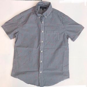 Aeropostale Blue White Stripe Button Down Shirt | Short Sleeve Coral Palm Tree